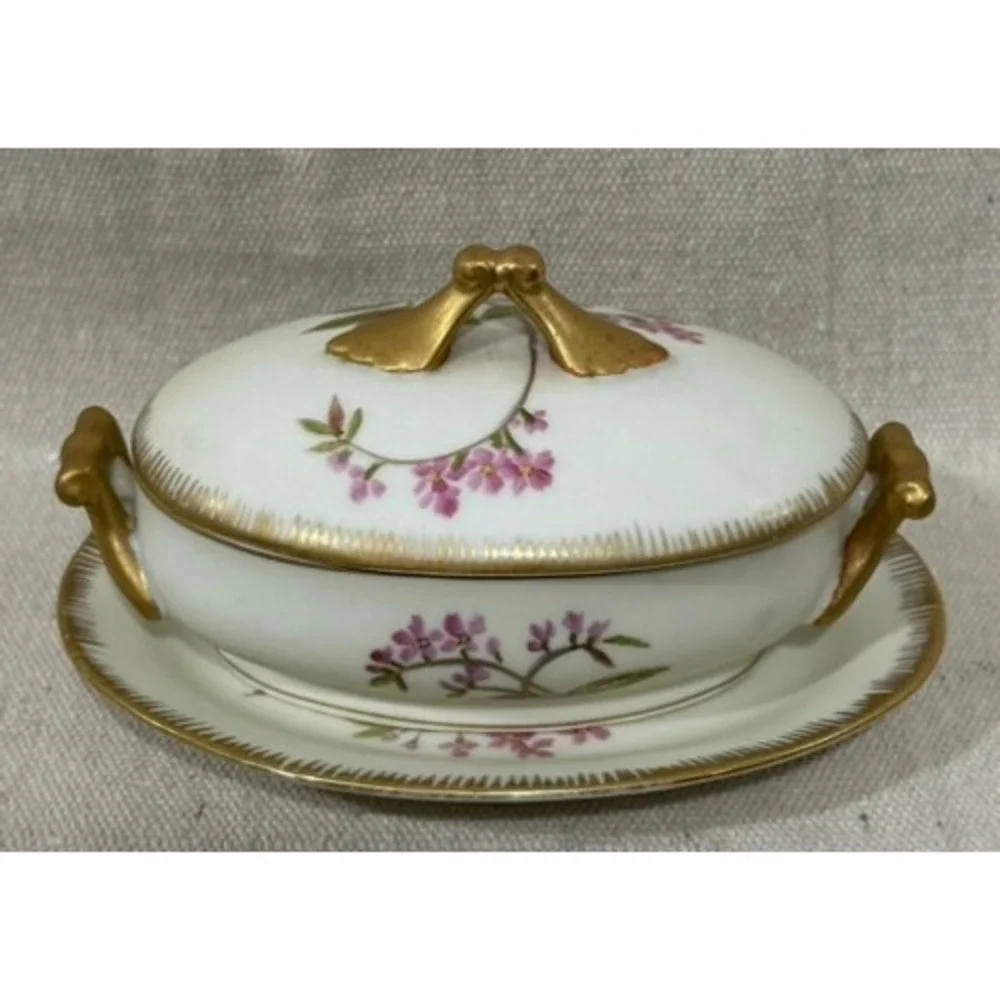 Vintage Floral Porcelain Lidded Tureen and Underplate Set Gold Gilt 6623